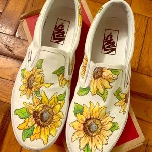 White Vans w Hand Painted Sunflowers